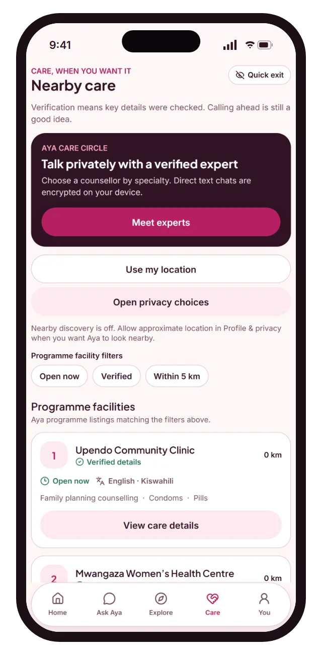 Nearby care screen with verified clinics